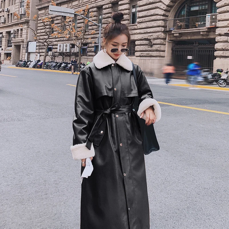 

New black inner liner imitation rabbit hair PU leather clothing pie to overcome women's Plush knee length cotton clothes fur