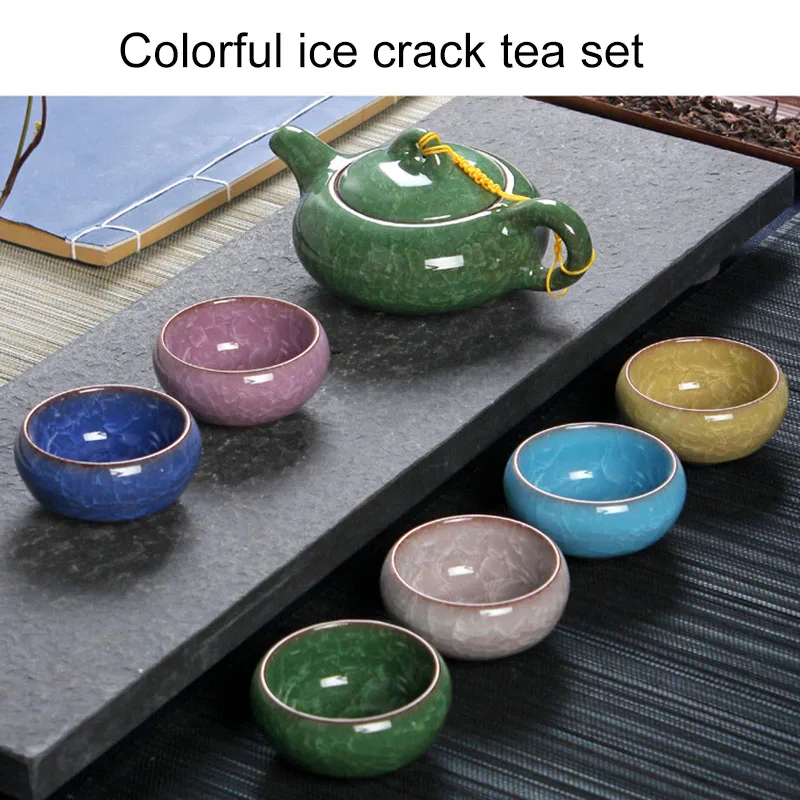 7Pcs/Set 150ML Porcelain Tea Set Ceramic Chinese Kung Fu Teapot Handmade Ice Crack Glaze 7 Colors h3 | Дом и сад
