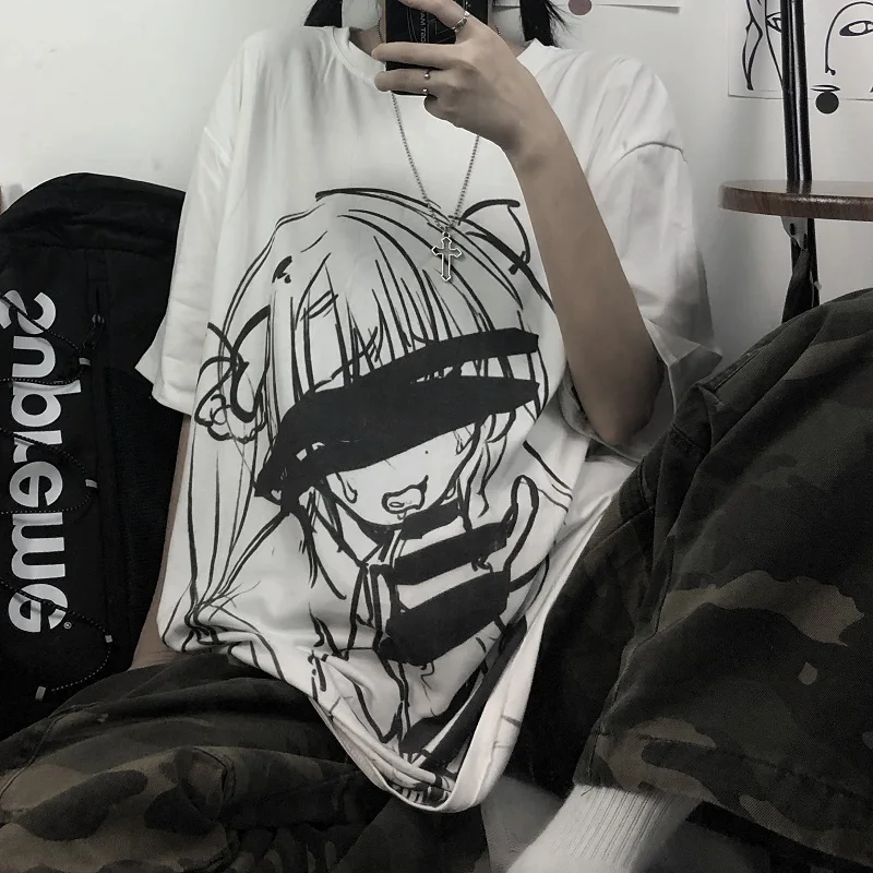 

Women loose T-shirt Japanese cartoon print Summer Ulzzang gothic short sleeve Vintage casual female Harajuku plus size T-shirt
