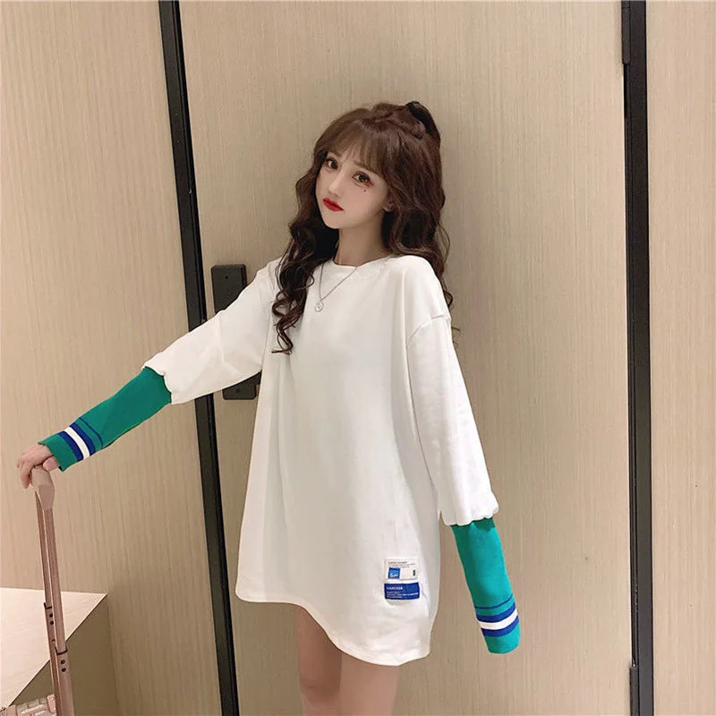 

Patchwork Sleeve Black White T-shirt Woman Lazy Y2K Top Fall O-Neck Loose Korean Fashion Plus Size Womens Clothing Designer Tee