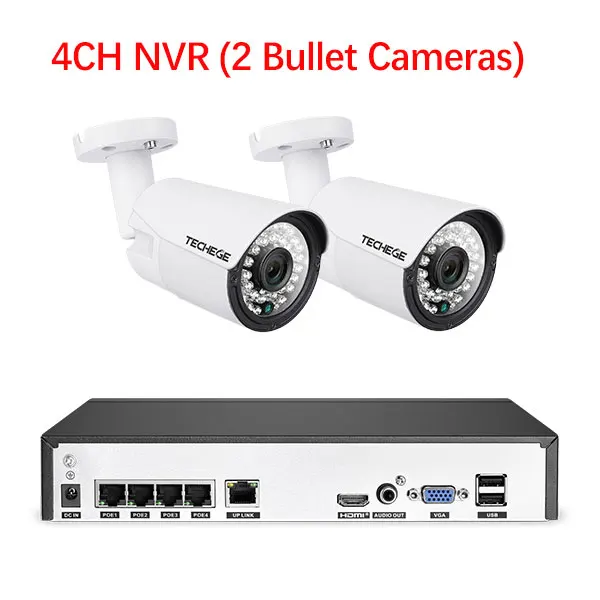 2 Bullet cameras kit Techege 4CH 1080P H.265 POE NVR аудио-видео система 2-мегапиксельная Крытая уличная ip-камера Водонепроницаемая электронная почта оповещение система видеонаблюдения - Цвет: 2 Bullet cameras kit