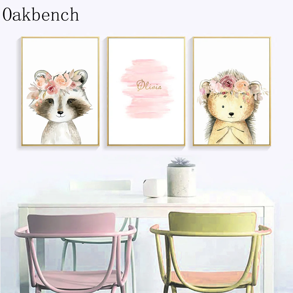 Детский постер с изображением лисицы енота холст рисунок розового цвета на заказ