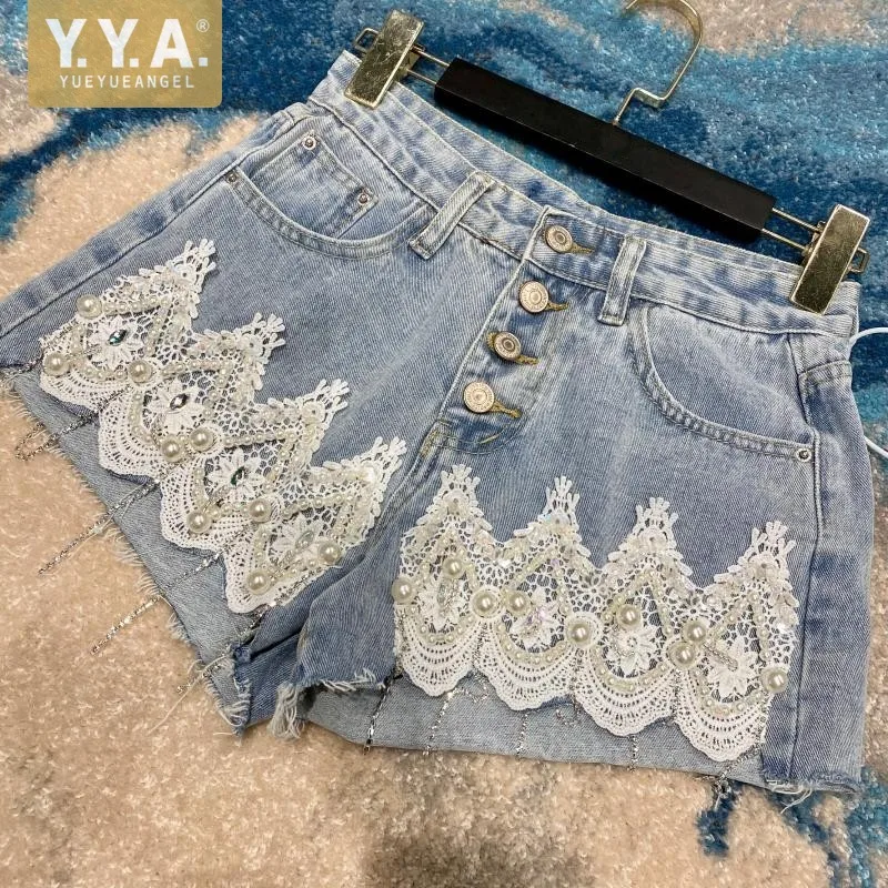 

Design Vintage Short Jeans Lace Pearls Diamonds Sexy Push Up Hotpants High Street Single Breasted Beading Tassel Denim Shorts