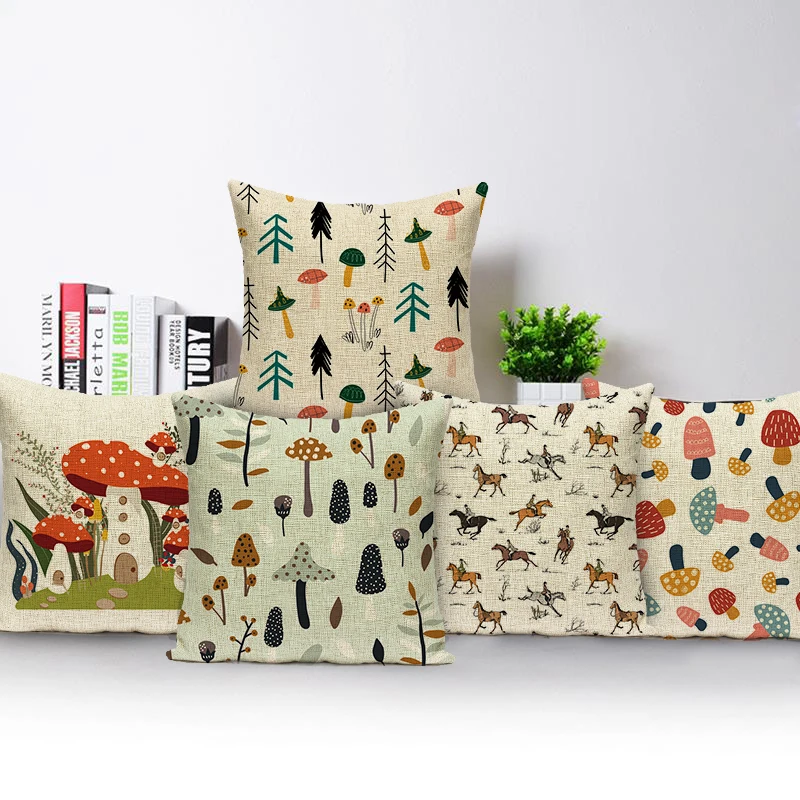 

Forest Mushrooms Print Decorative Cushion Cover Animal Trees Pillowcase Sofa Car Throw Pillows Cases Home Decor Pillow Cover