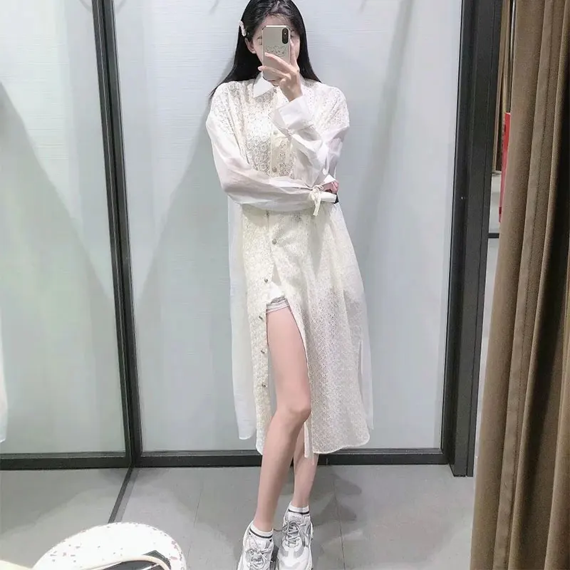 

Summer Women's Casual Shirt 2021Za Fashion Top lapel Long Sleeve Hollow Out Embroidery Female Single-breasted Design Blouses