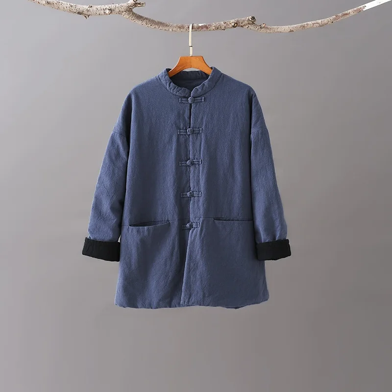 Черное теплое хлопковое пальто в китайском стиле ханьфу для женщин Осень-зима