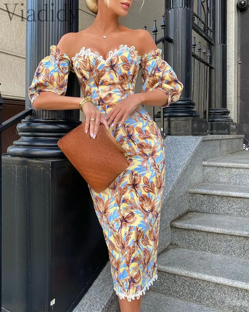 

Women Vintage Floral Print Off Shoulder Lace Design Bodycon Pencil Dress