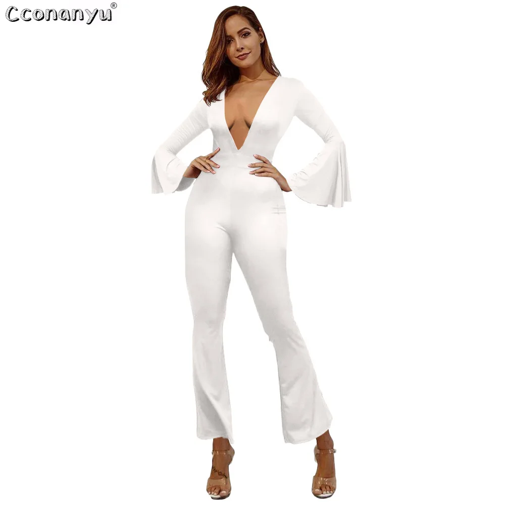 Женские комбинезоны с глубоким V образным вырезом и рукавами колокольчиками