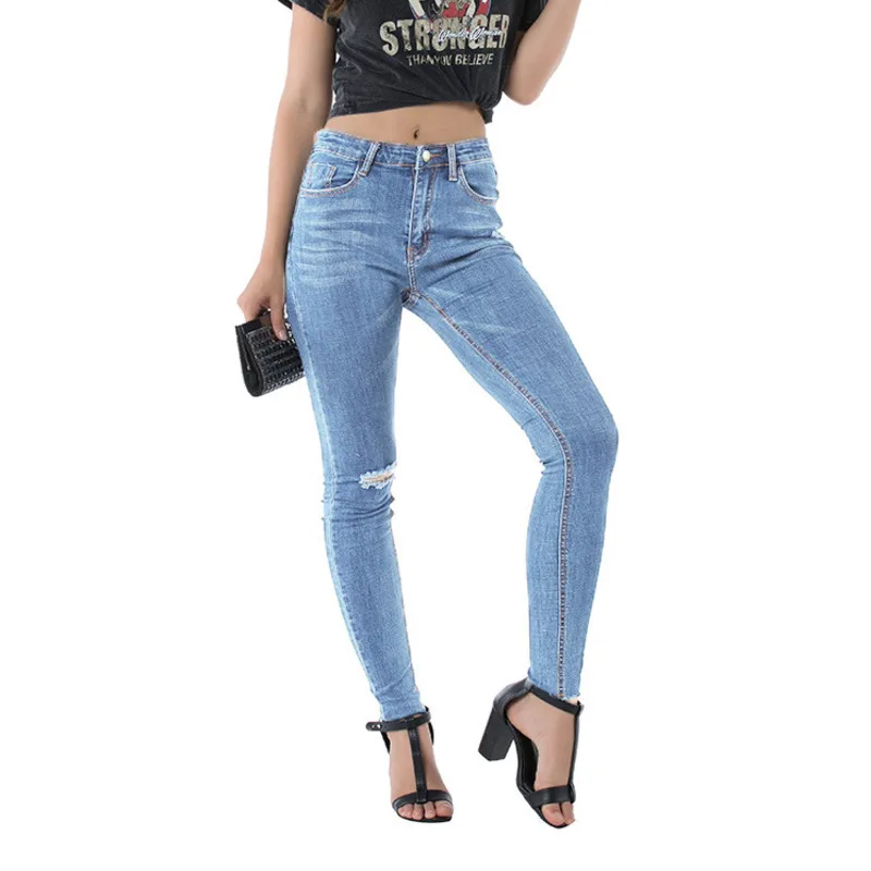 

Denimcolab 2021 Stretch Holes Jeans Pants Women Elastic Fashion Ripped Pencil Pants Ladies Casual Slim Fit Jeans Trousers