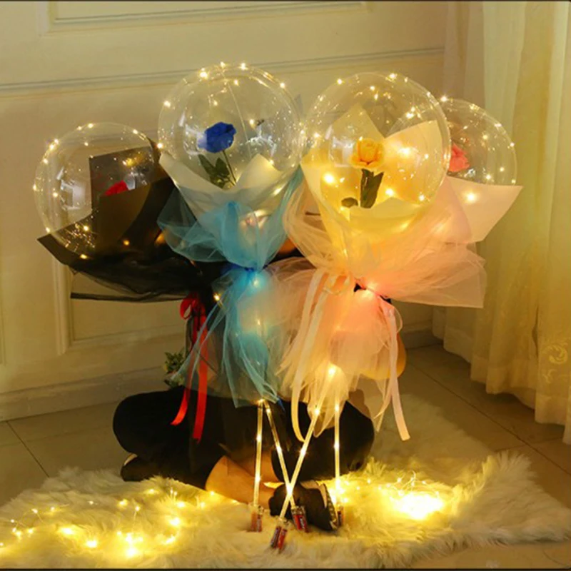 

LED Luminous Balloon Rose Bouquet Transparent Bobo Ball Rose Valentines Day Gift Birthday Party Wedding Decoration