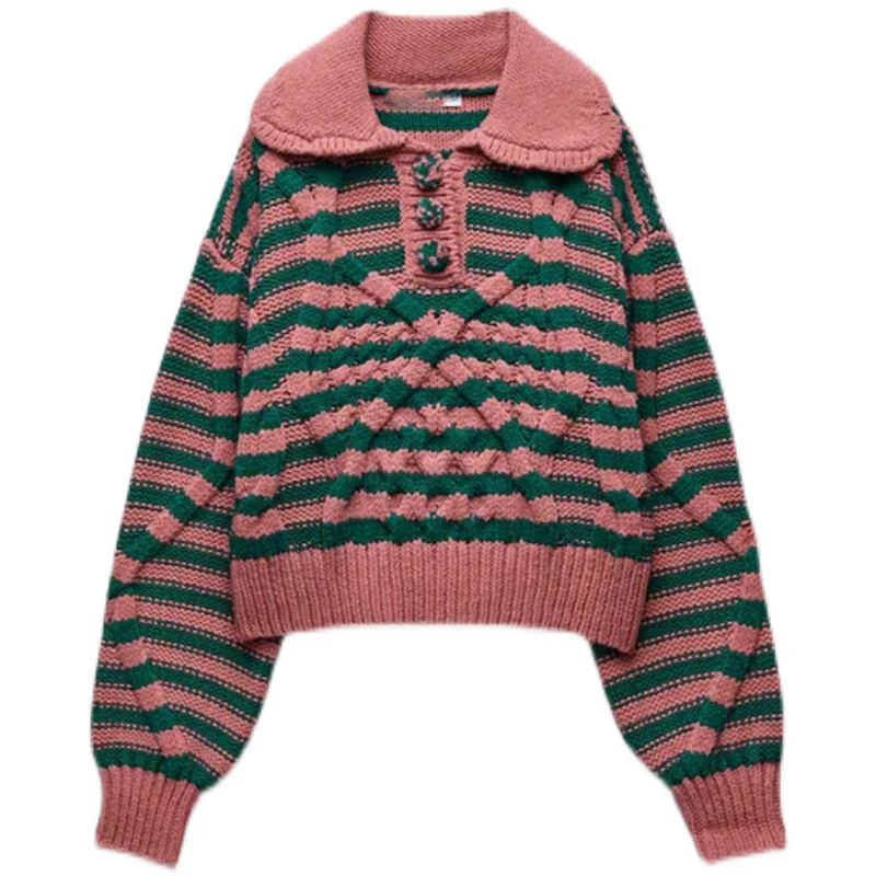

Women 2021 Fashion Loose Striped Knit Cropped Sweater Vintage O Neck Turn-Down Collor Lantern Sleeve Female Pullovers Chic Tops