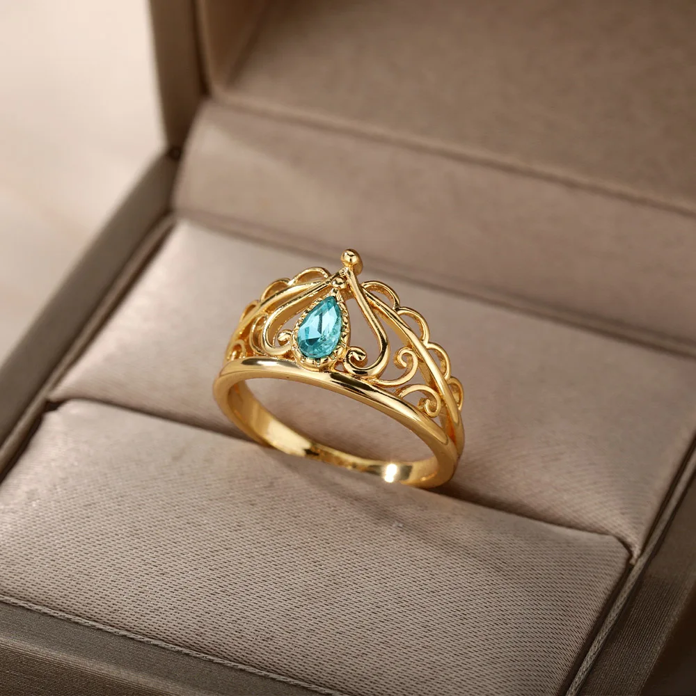 

Crystal Crown Opal Rings For Women Stainless Steel Gold Color Elegant Ring Fashion Couple Jewelry Gift Bague Femme 2021