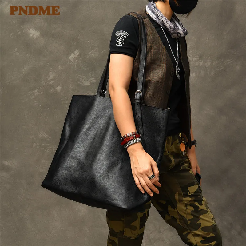 PNDME new genuine leather large capacity men's tote bag fashion casual simple high quality soft cowhide black shoulder handbags