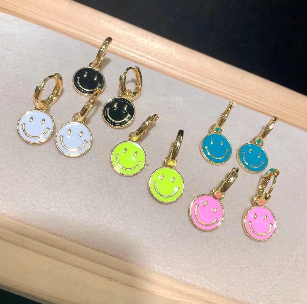 

5Pairs Hot new fashion Girl Women Cute Smiling Face Enamel Pendientes Small Huggie Dangle Earrings 2021 Jewelry Gift