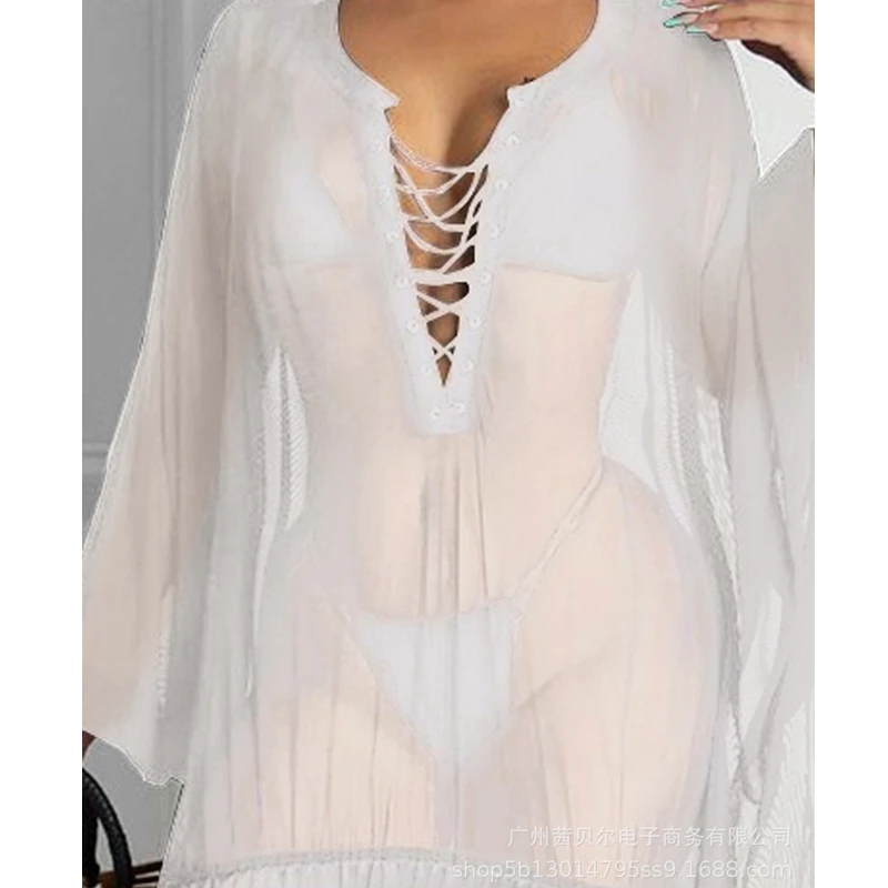 

Mandylandy Dress Sexy Long Sleeve V-neck Lace-up Bandage Irregular Dress Women's Solid Color Lace Mesh See-through Dress