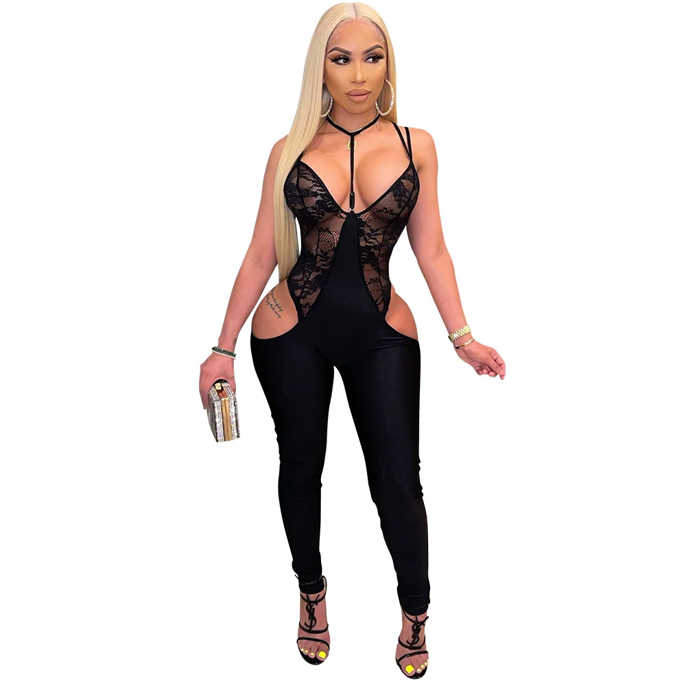SUJYing Fashionable New Sexy V-neck Suspender With Missing Back And Hip Lace Perspective One-piece Pants