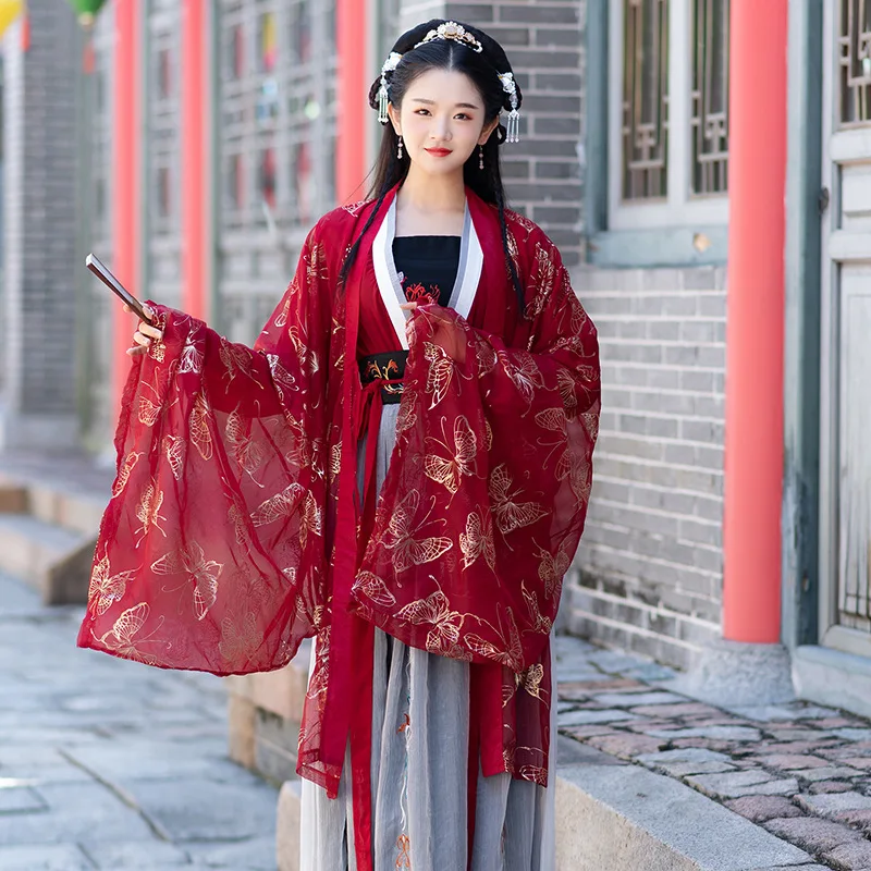 Элегантные красные Hanfu Китайская традиционная Для женщин хлопчатобумажный