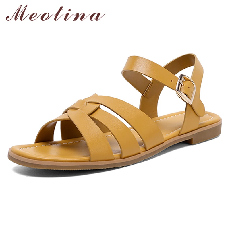 

Meotina Women Gladiator Shoes Genuine Leather Sandals Buckle Flat Sandals Square Toe Cow Leather Ladies Footwear Summer Yellow