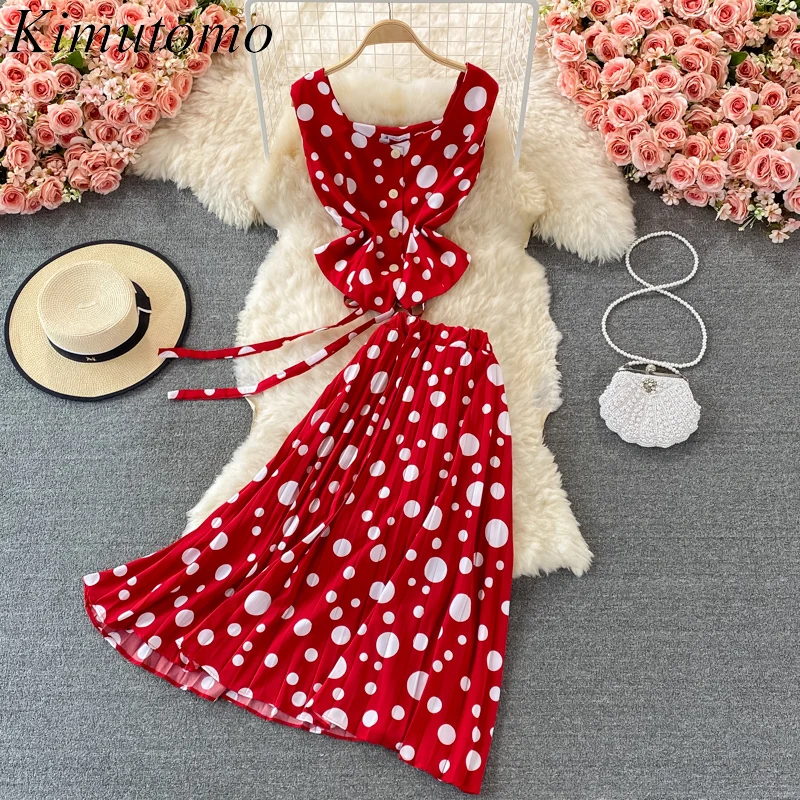 

Комплект женского платья в горошек Kimutomo, однобортный короткий топ без рукавов + высокая талия, гофрированные длинные юбки