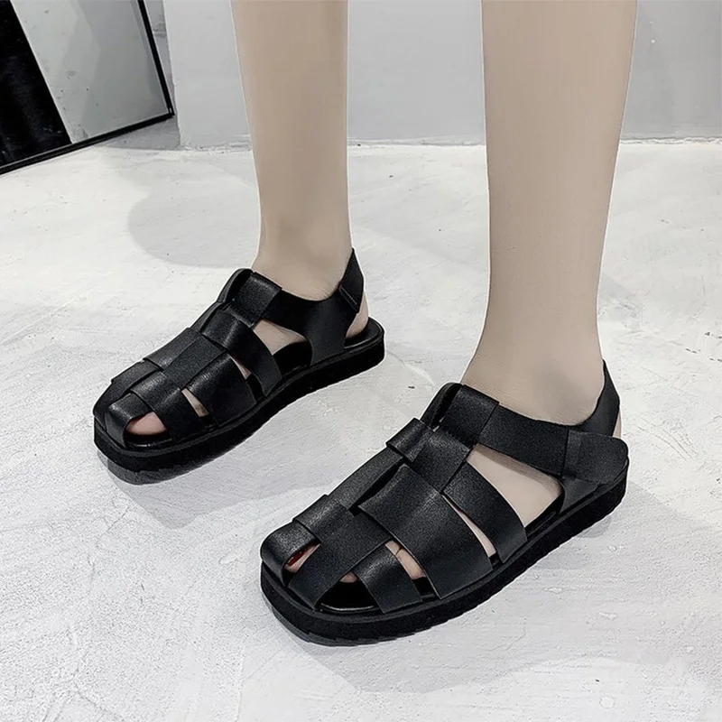 

2021 Gladiator Woman's Sandals Hollow Out Buckle Strap Ladies Shoes Mixed Color PU Leather Thick Bottom Casual Shoe Rome Style