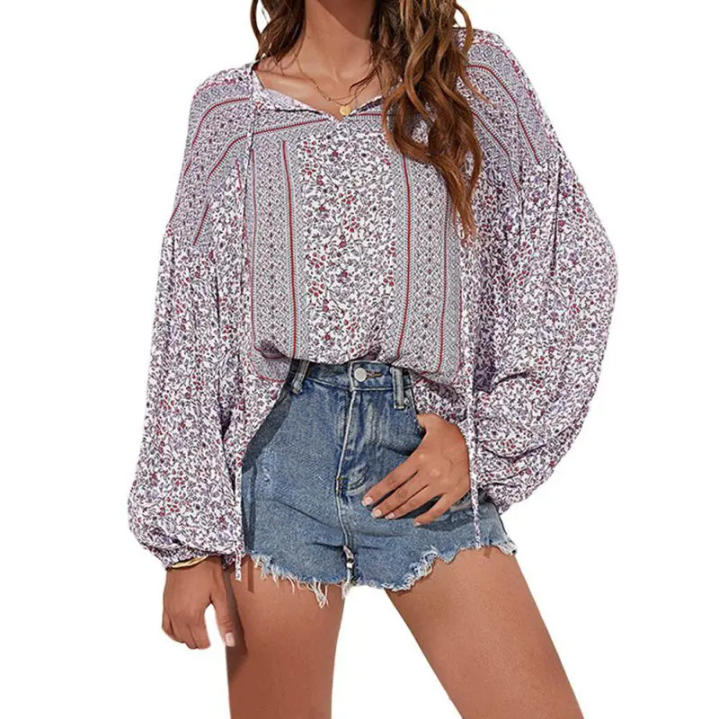 

Женская Осенняя блузка с цветочным принтом, новый топ на шнуровке с длинными рукавами-фонариками, Модный пуловер, рубашки, шикарные топы