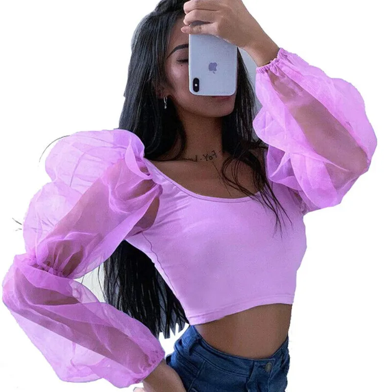 

Summer Fashion Women Cropped Tops Sheer Tee Casual Sexy Mesh Puff Sleeve Blouse Club Wear Slim Fit