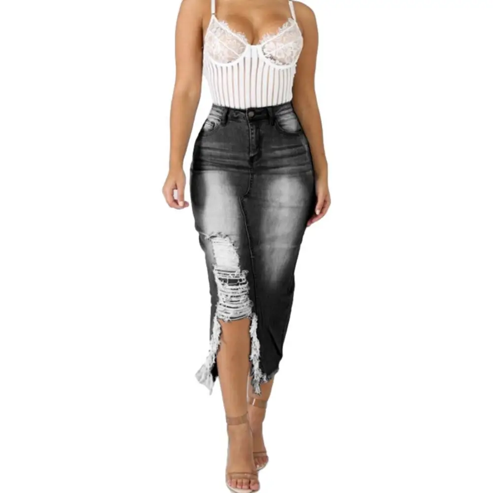 

80%HOT Women Fashion High Waist Ripped Split Denim Distressed Jeans Bodycon Long Skirt