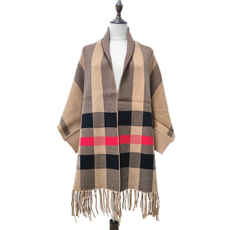 ZJZLL Fashion Long Fringed Multicolor Winter Warm Shawl And Wrap With Sleeves Plaid Knitted Pashmina Striped Cape Sweater Poncho images - 6