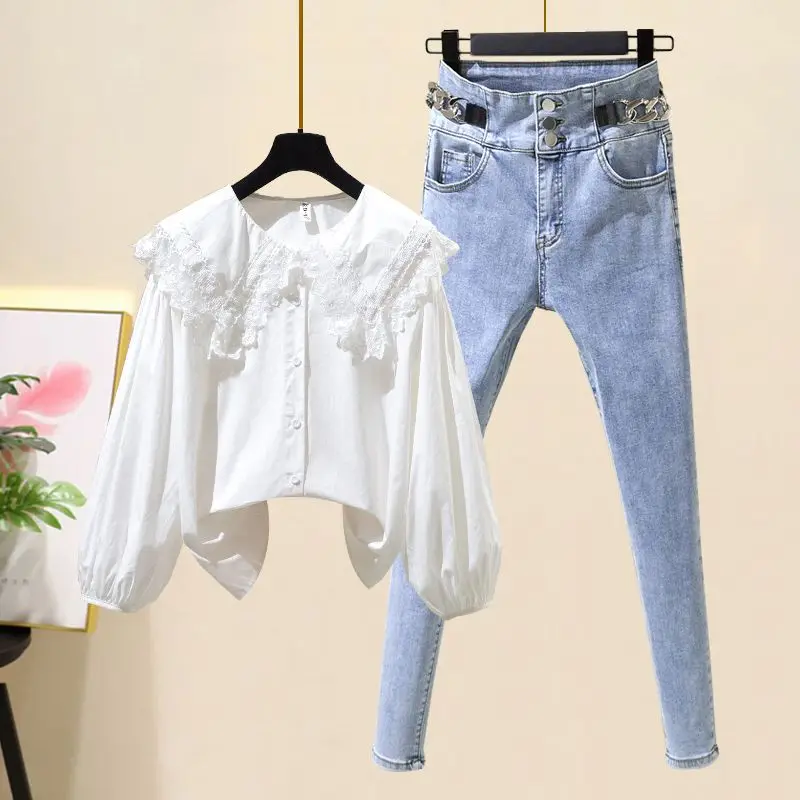 

Small Spring Women's Suit Korean Loose Lace Collar White Shirt with Two-piece High Waist Jeans with Small Feet
