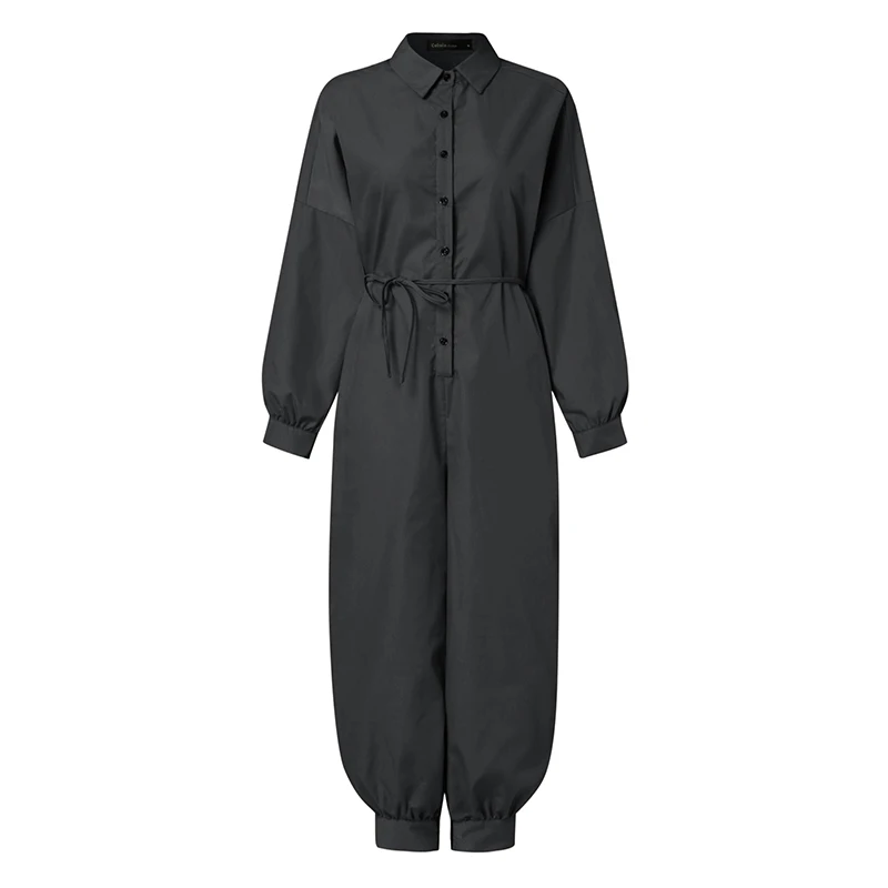 2021 New Cargo Jumpsuit Women Long-sleeved Belt Retro Autumn 2021 Lapel Solid Color Casual Jumpsuit Button Work Clothes Women