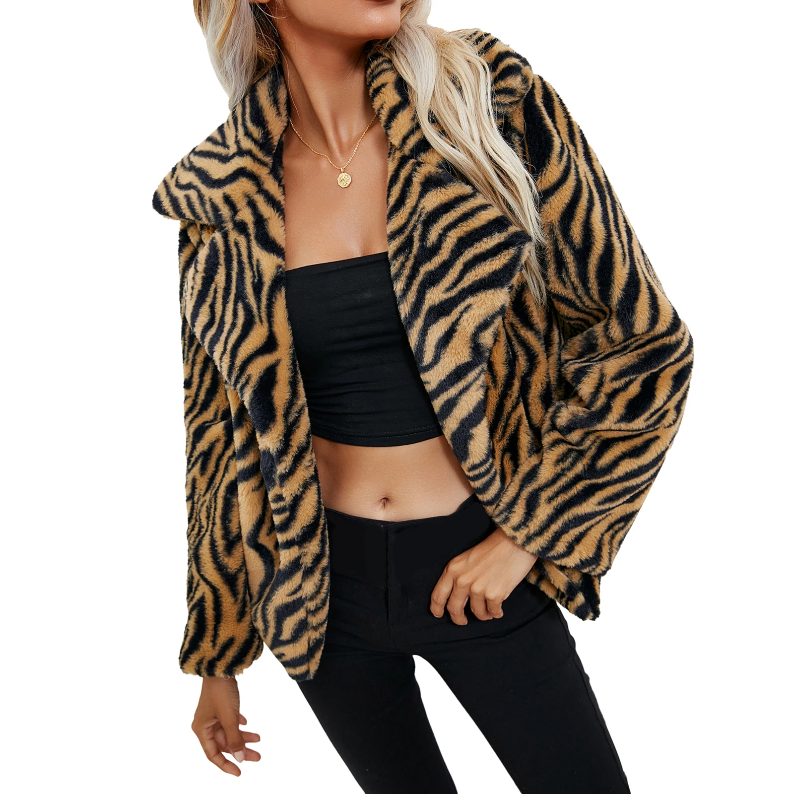 

Женская плюшевая куртка с леопардовым/зебровым принтом, с длинным рукавом