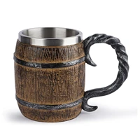 450ml wood style beer mug christmas gift simulation wooden barrel beer cup double wall drinking mug metal insulated drinking
