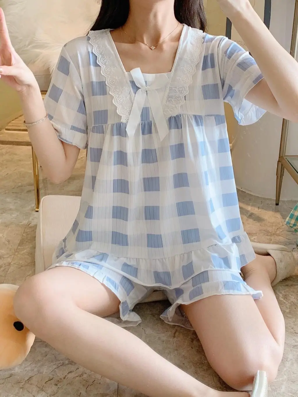 

Women 's Pajamas Pajama summer short-sleeved cotton lovely and sweet woman two-piece princess wind student leisure leisure