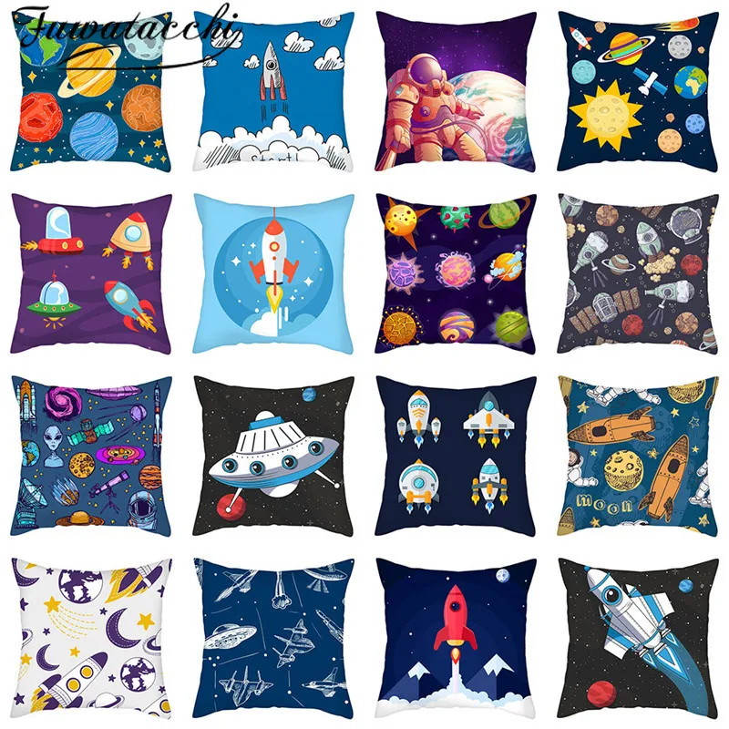 

Fuwatacchi Cartoon Rocket Cushion Cover Plant Painted Pillow Cover for Home Car Sofa Chair Decoration White Pillowcases 45x45