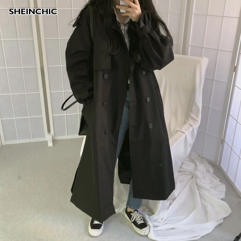 Женский Винтажный Длинный Тренч однотонная черная или коричневая верхняя одежда