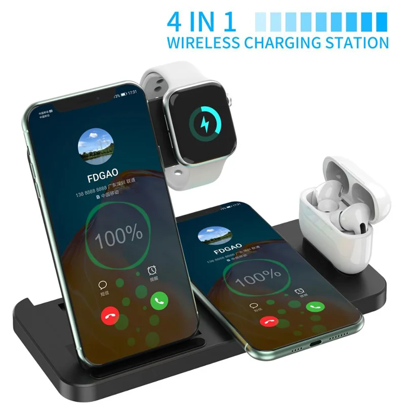 EXPUNKN Qi Fast Wireless Charger Stand 4 in 1 15w Carregador Sem Fiocargador Inalambrico Foldable for Iphone Apple Watch Airpods