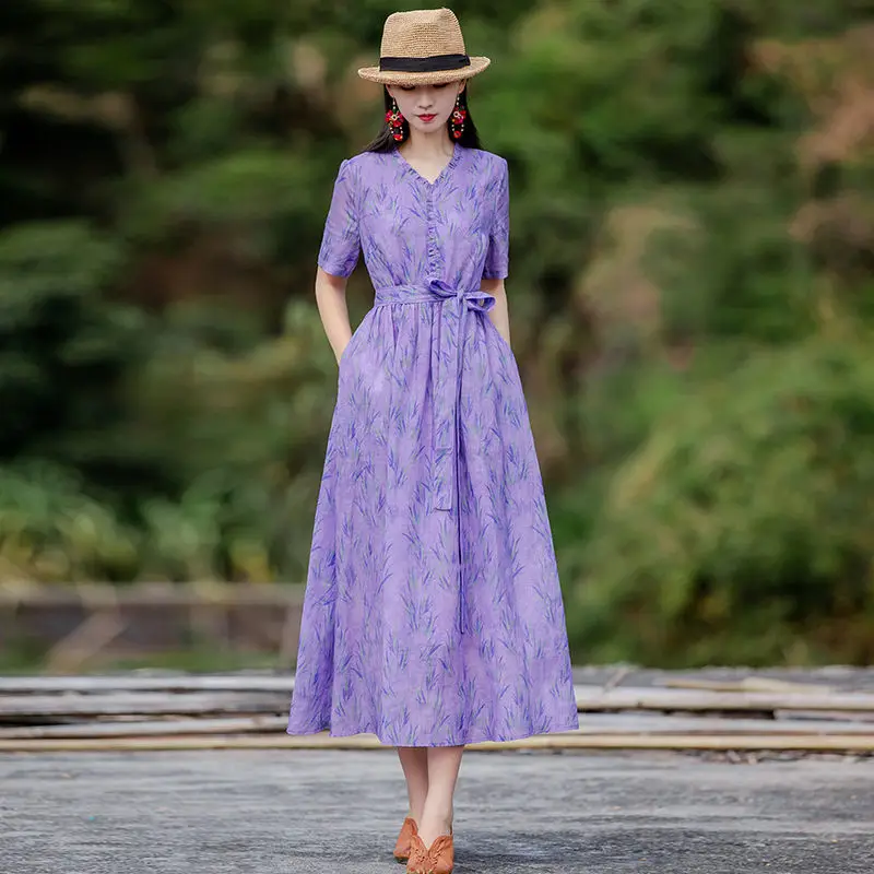 

Women 2021 Summer Fashion Retro Printing Loose Dress Female Cotton Linen Long Dresses Ladies V-neck Thin A-line Vestidos W75