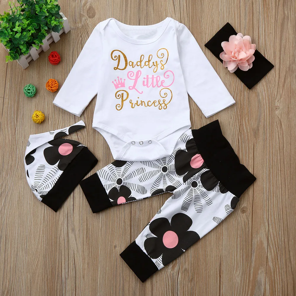 

Newborn Baby Clothes Set Infant Baby Girl Letter Romper Tops+Floral Pants Hat 4Pcs Clothes Set Clothing комплек одежд