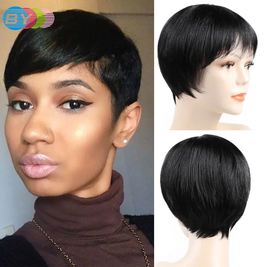 Бразильский парик их натуральных волос Pixie Cut с взрыва не Реми дешевые короткие