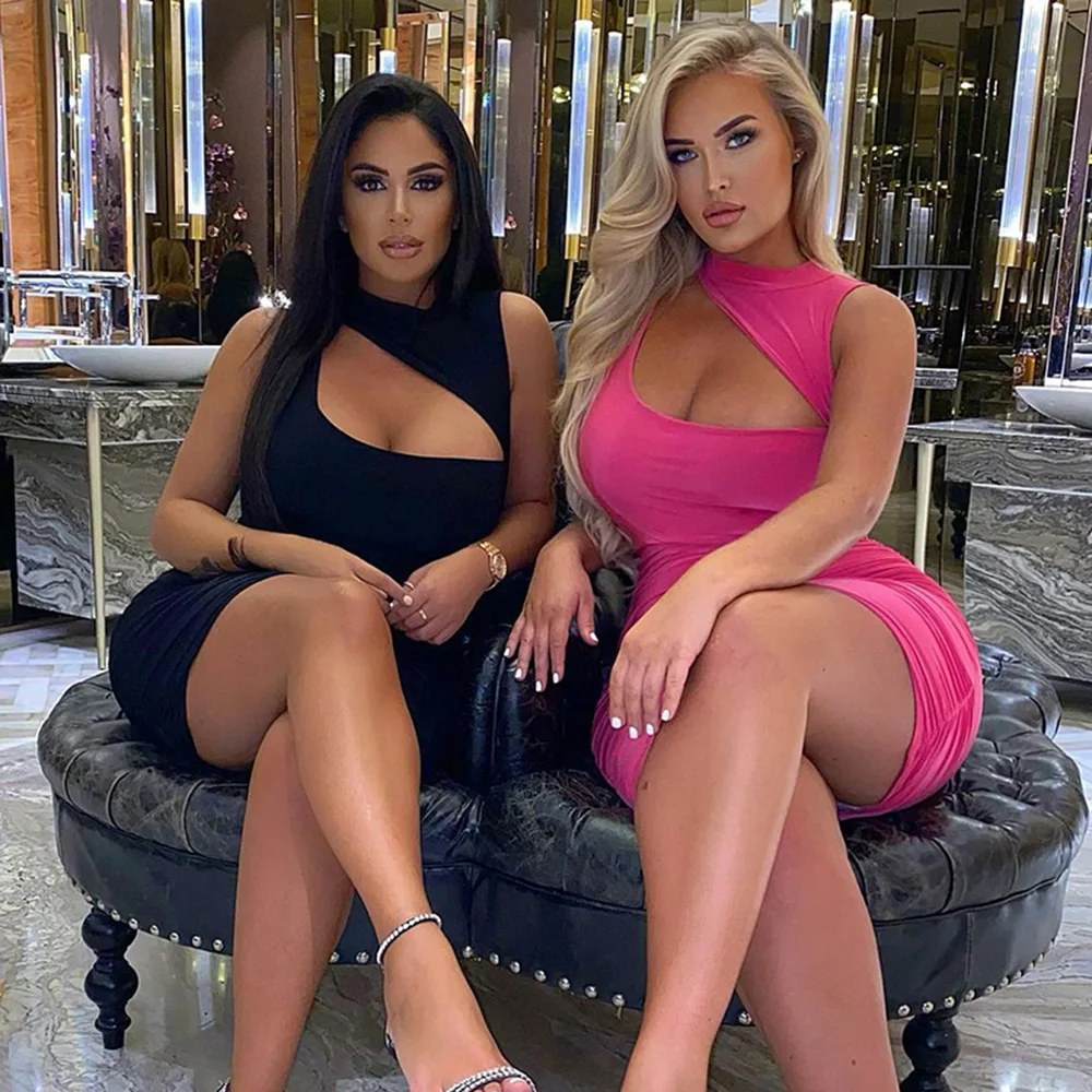 

SLADUO New Women Black One Shoulder Rayon Bandage Dress Sexy Hollow Out Club Celebrity Evening Party Mini Lady Summer Dress 2021