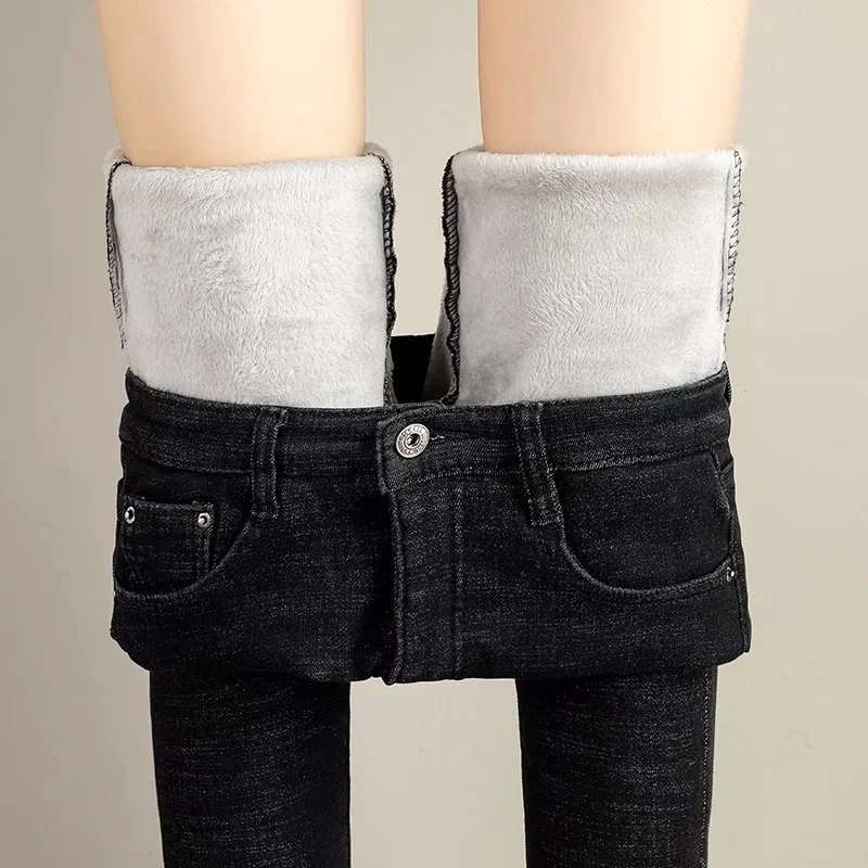 

Women's Winter High Waist Plush Jeans New Warm Nine Point Slim Denim Pants