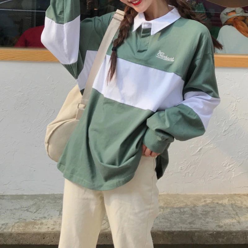 

Women Winter Leisure Polo Collar Pullover Fashion Kpop Letters Long Sleeve Sweatshirts Female College Style Jumper Streetwear