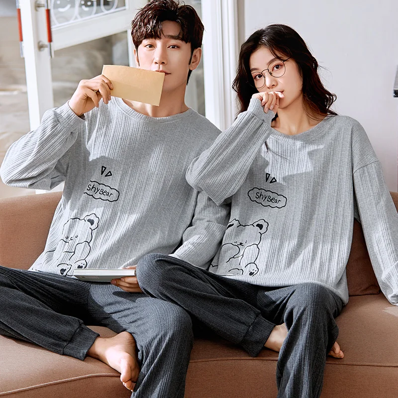 

Winter Couple Long Sleeve Pajamas Set Cotton Thick Warm Gray Homewear Women Cute Cartoon Bears Sleepwear Plus Size Men Pajamas