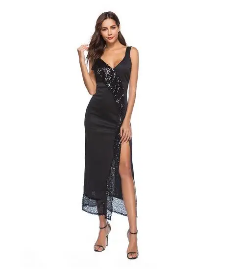 Сексуальное черное платье с глубоким v-образным вырезом и пайетками длинное