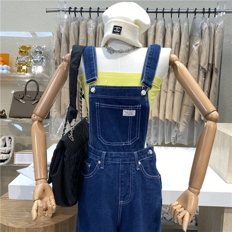 

Niche Design 2021 Preppy, Loose, High-waisted Dark Blue Jean Overalls With Large Pockets To Show Slim Wide-legged Pants