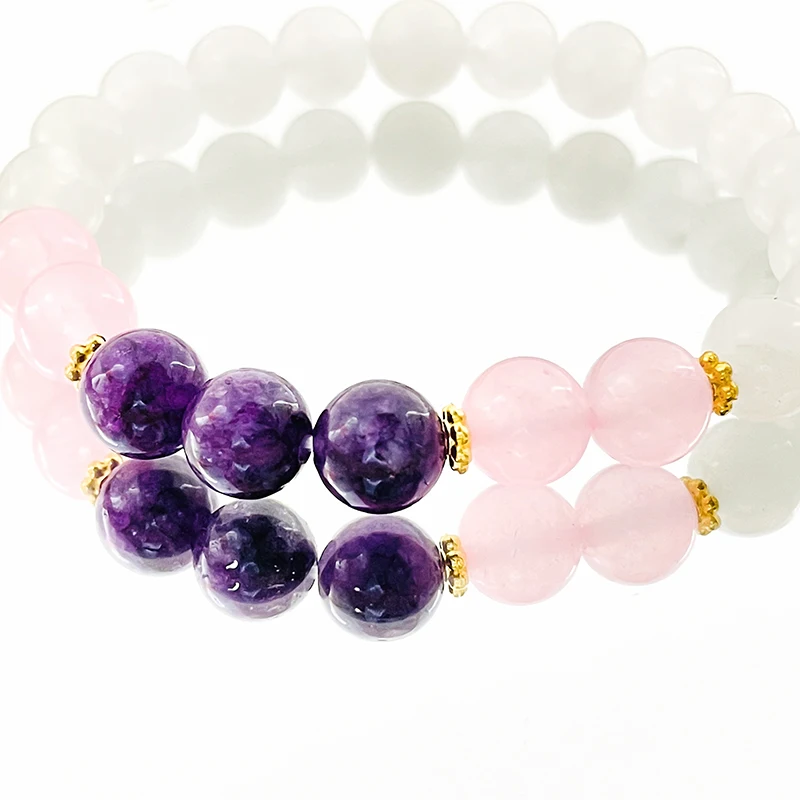 

Korean Fashion 8 mm Natural Stone Bracelet for WomenAmethyst Pink Crystal White Jade Charm Bracelets Rope Chain Adjustable Size
