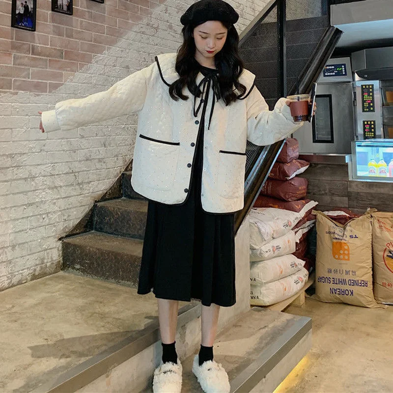 

Women Parkas Argyle Single Breasted Peter Pan Collar Lovely Girl Apricot Office Lady Laced Outwear Korean Style Stylish Females