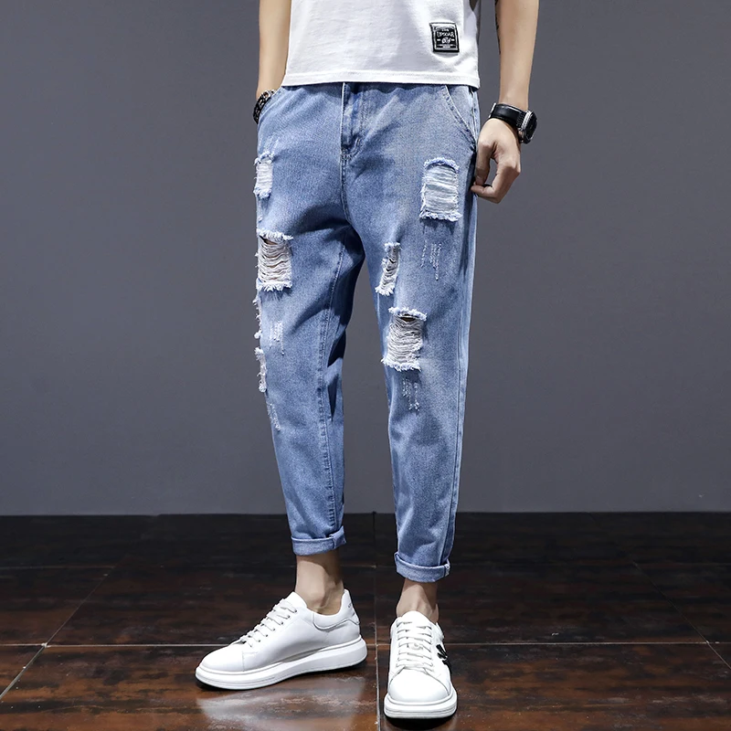 

2021 Men's Jeans Cool Ripped Trousers Summer Stretch Slim Fit Denim Pants Large Size Hip Hop Blue Casual Jogging Jeans For Men