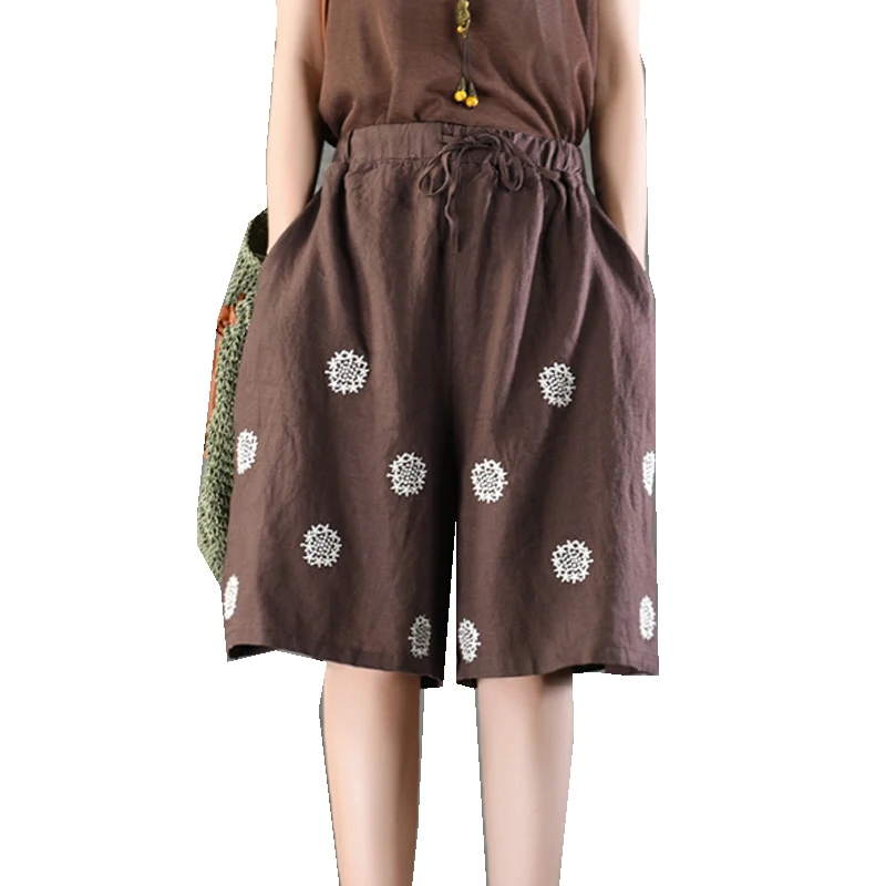 Шорты женские с вышивкой и широкими штанинами Свободные мешковатые прямые