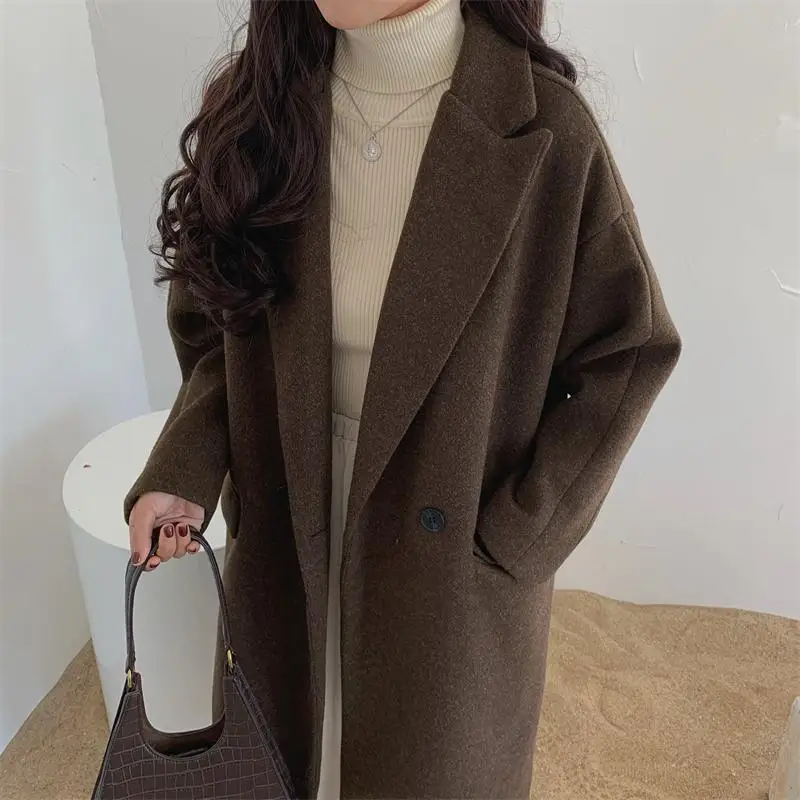 

Women Solid Brown Button Notch Collar Coat Female Woman 2022 Autumn Winter Trech Coat Vintage Runway Chic Outwear